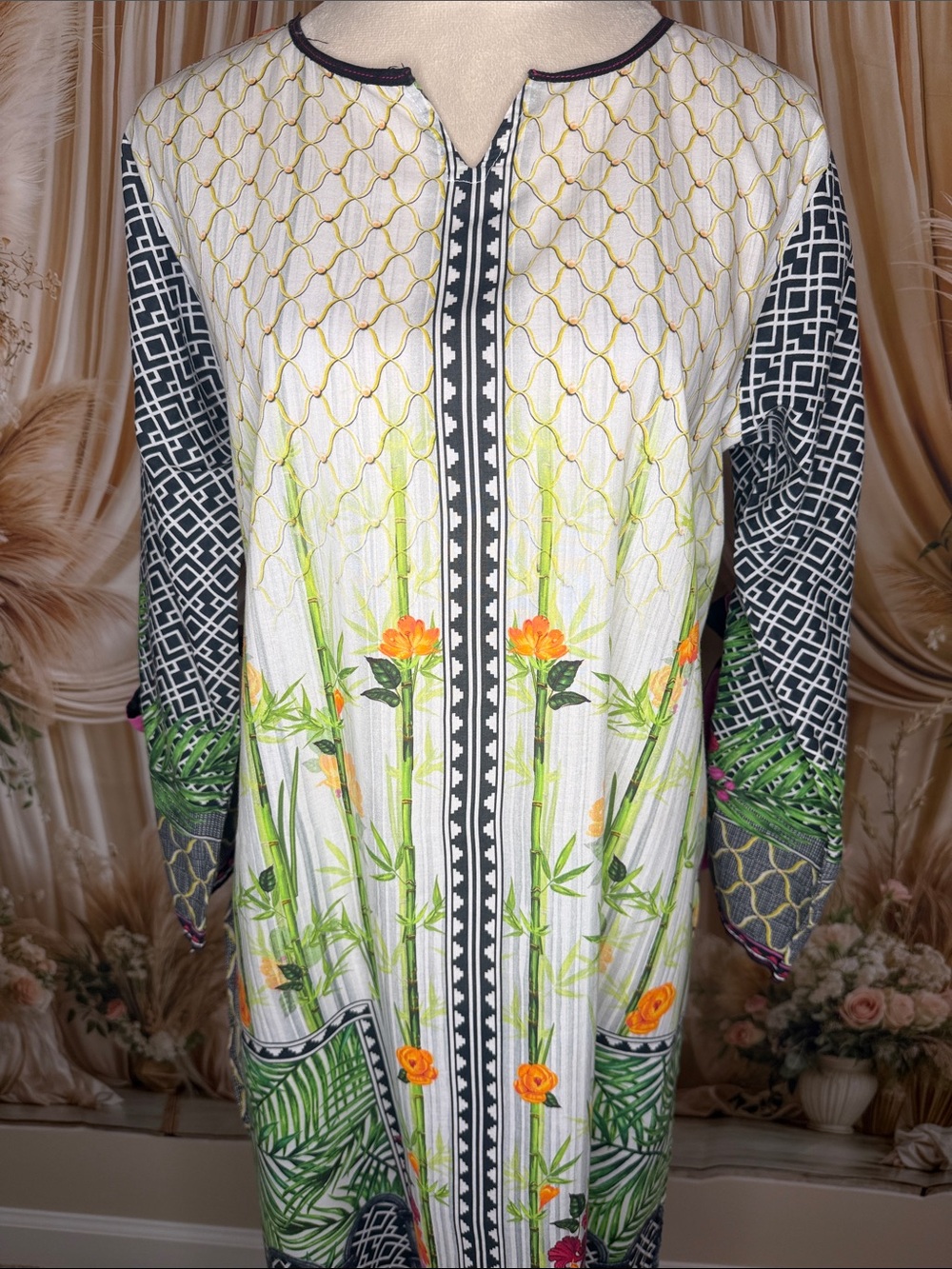Basics White Navy Green Floral-Print Midi Dress